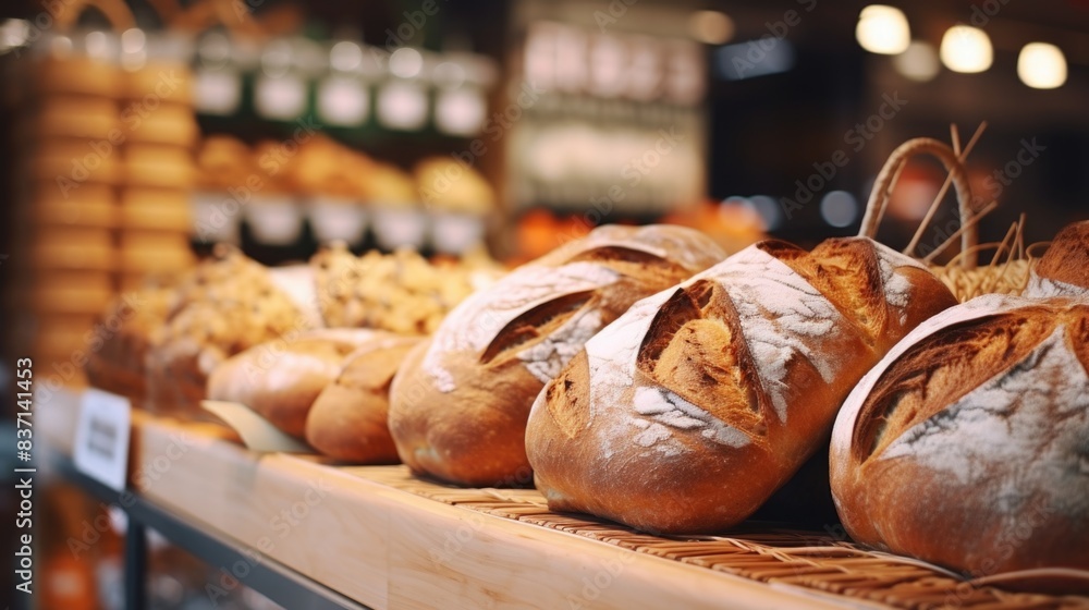 Poster a bakery display with a variety of breads, including some with white flour. the breads are arranged 