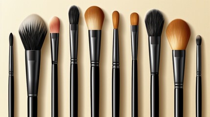 A row of makeup brushes are lined up on a table. The brushes are of different sizes and colors, and they are arranged in a neat row. Concept of organization and order