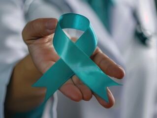 A person is holding a blue ribbon in their hand. The ribbon is a symbol of breast cancer awareness