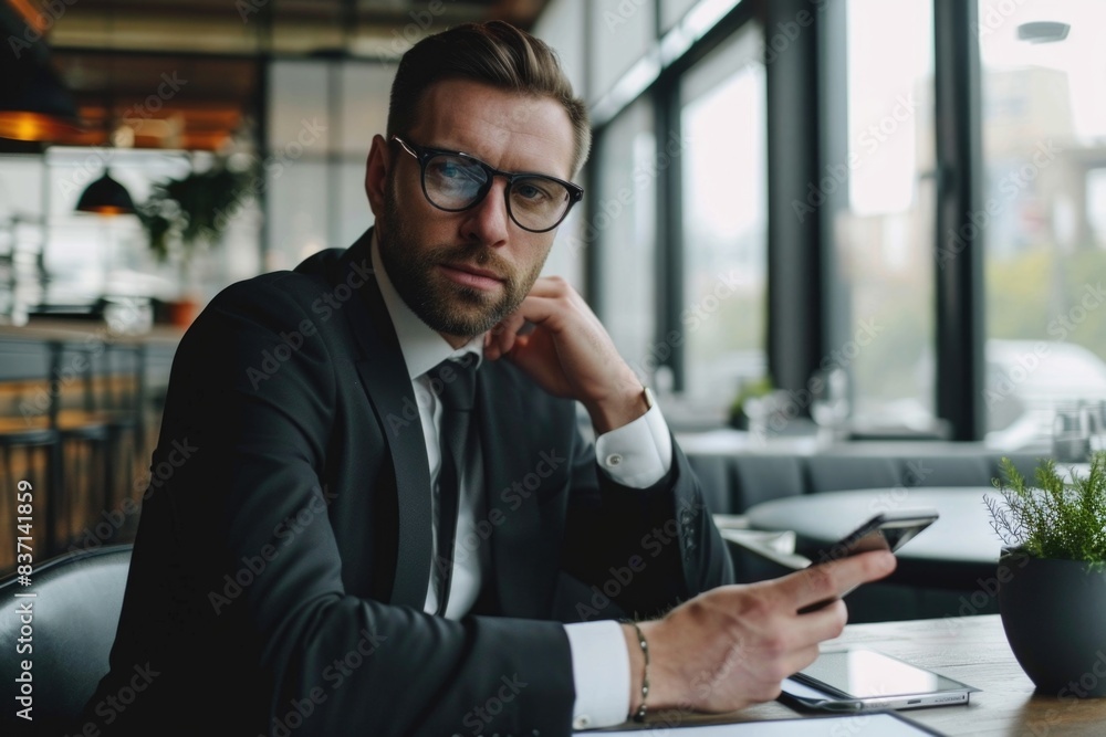 Poster a man in a suit and glasses is sitting at a table with a cell phone and a notebook. he is focused on