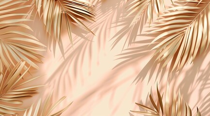 An Abstract Background with Palm Shadows on a Light Peach Colored Wall, Featuring a Summer Beach Scene and Empty Space for Product Presentation, with a Mockup Design Template in the Style of Summer Be