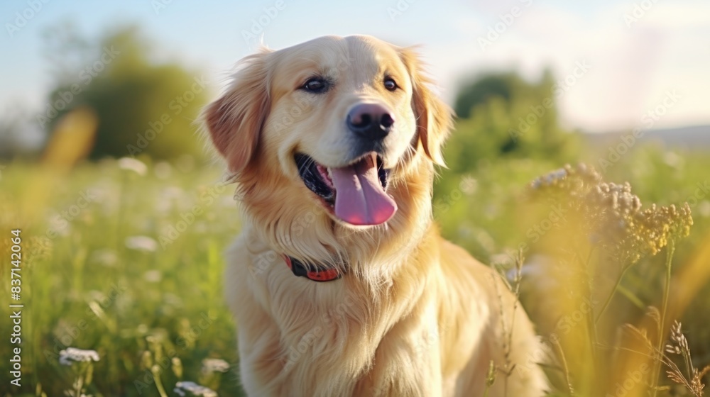 Poster a golden retriever is standing in a field of grass, looking at the camera with a happy expression