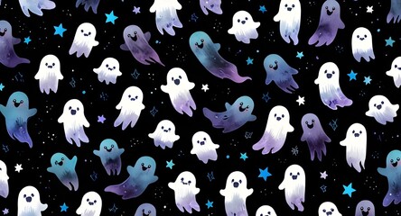 Watercolor seamless pattern with dark ghosts on black background. Generative AI