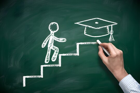 Hand drawn stick figure climbs stairway to graduation cap on green chalkboard