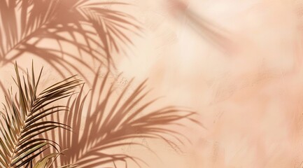 Obraz premium An Abstract Background with Palm Shadows on a Light Peach Colored Wall, Featuring a Summer Beach Scene and Empty Space for Product Presentation, with a Mockup Design Template in the Style of Summer Be