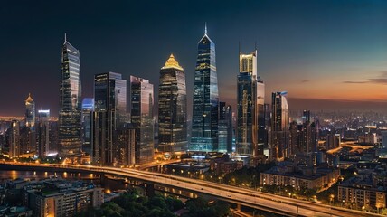 Fototapeta premium Aerial view of peaceful cityscape before sunrise. Smart city and abstract dot point connect with gradient line and aesthetic Intricate wave line design , big data connection technology concept .
