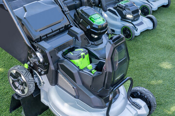 Battery-powered electric lawn mowers.