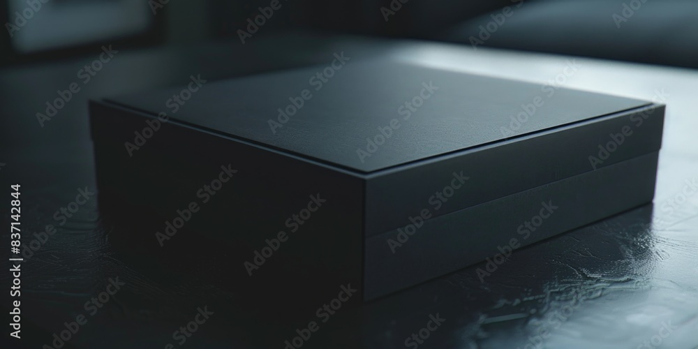 Poster a black box sits on a table. the box is empty and has a shiny surface. concept of mystery and antici