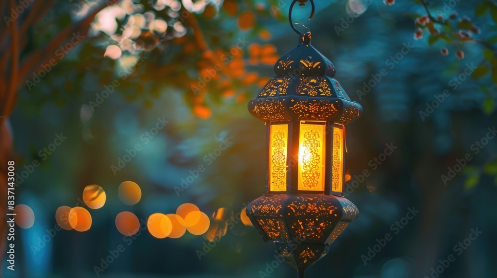 Poster a lantern hanging from a tree with a warm glow. the lantern is lit and the light is shining through 