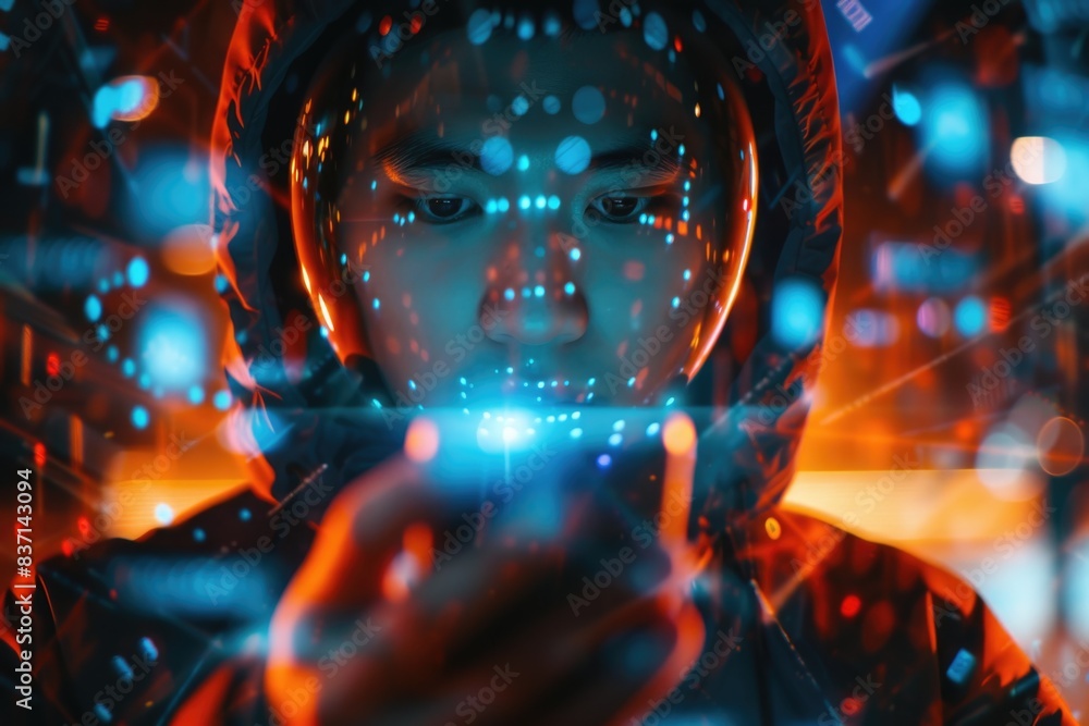 Poster a man is looking at a cell phone in a futuristic setting. the image has a futuristic and somewhat ee