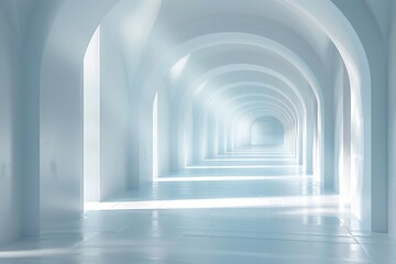 Fototapeta premium Minimalist White Archway Corridor - A pristine, minimalist corridor with a series of white arches, bathed in soft, natural light, creating a sense of endless tranquility.