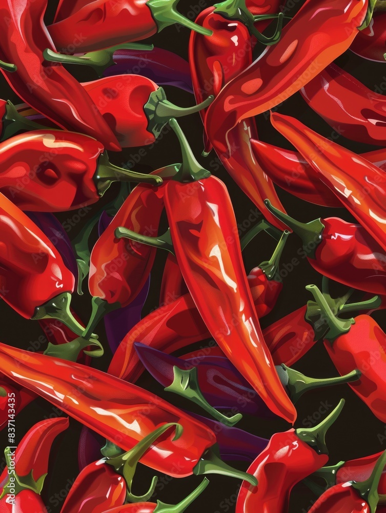 Poster a close up of red peppers with green stems. the peppers are arranged in a pattern, with some overlap