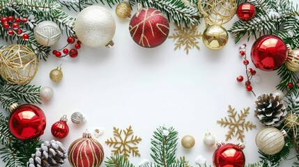 Christmas elements arranged in a festive frame with white background.