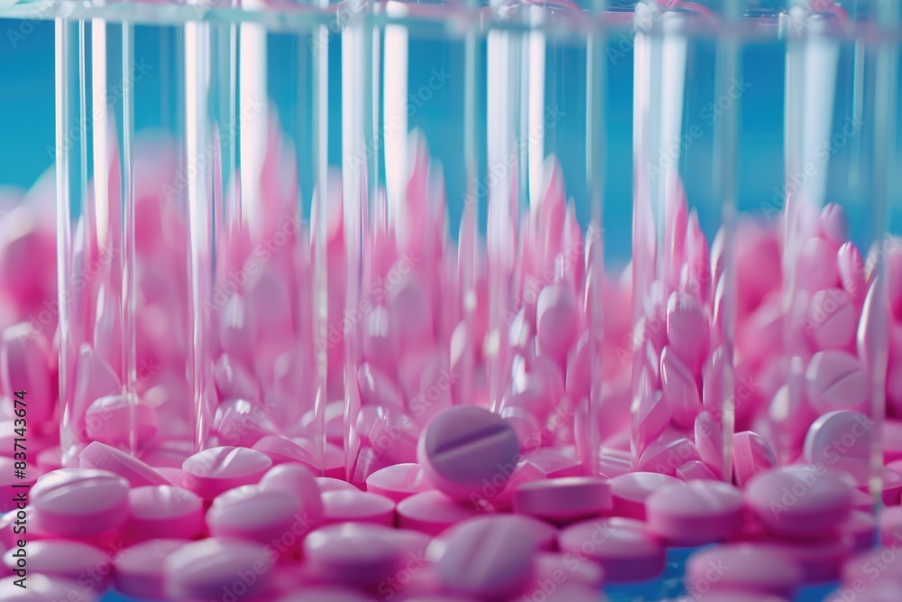 Poster pink pills in a container with a blue background. the pills are arranged in a way that they look lik
