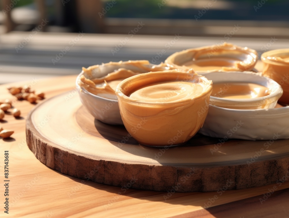 Poster a wooden table with four bowls of different colors of peanut butter. there are also some nuts on the