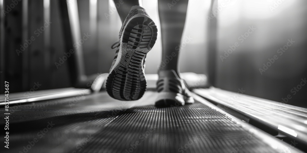 Poster a person is running on a treadmill. the image is in black and white. the person's feet are visible, 