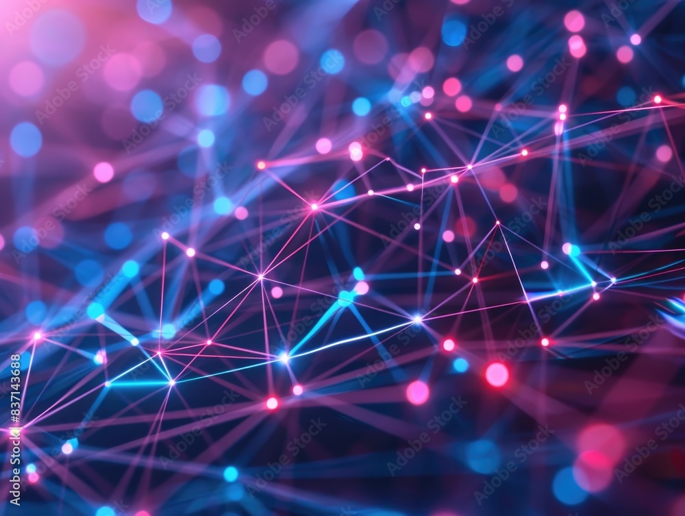 Poster a colorful, abstract image of lines and dots that appear to be connected in a web-like pattern. the 