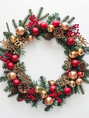 Festive home decor wreath featuring natural elements like pinecones and colorful holiday ornaments.
