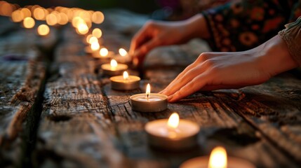 A person is holding a candle and placing it on a wooden table. The candles are lit and arranged in a row. Concept of calm and relaxation, as the person is taking the time to light the candles - Powered by Adobe