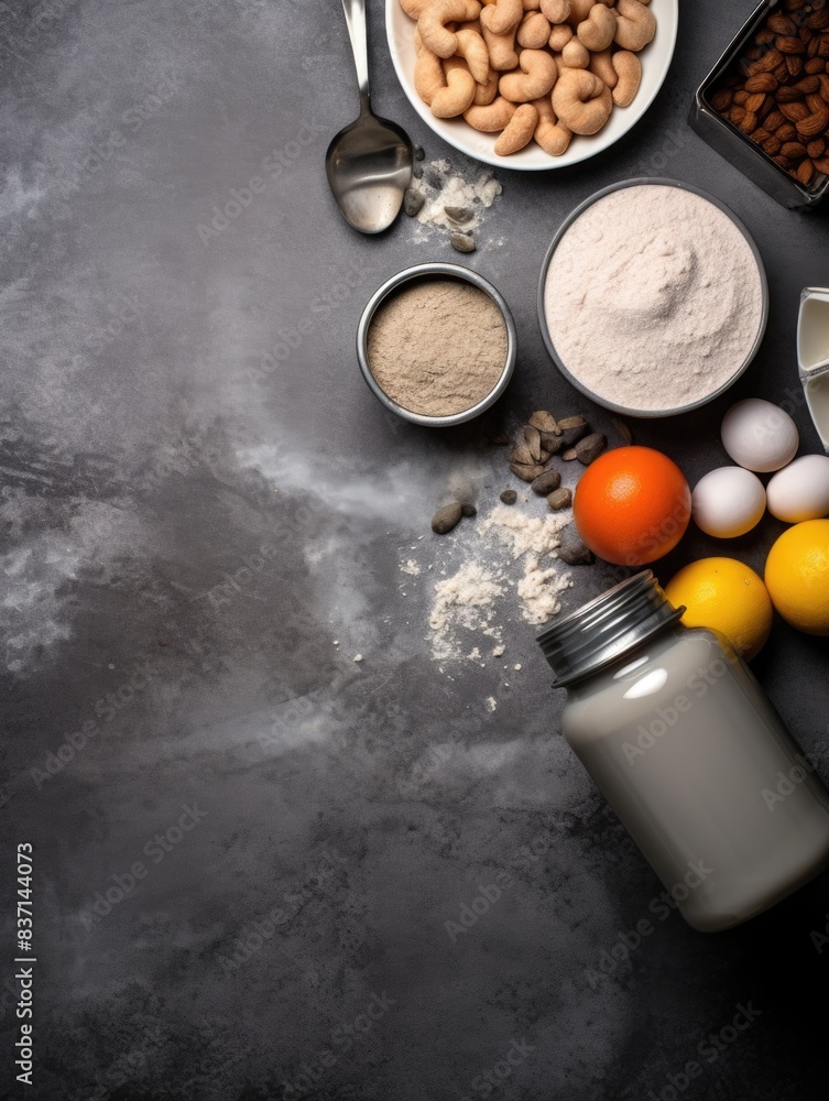Poster a jar of milk sits on a counter next to a bowl of nuts and a spoon. the scene is simple and unclutte