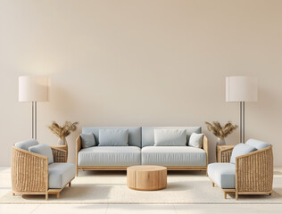 Mockup d'intérieur contemporain, salon moderne avec canapé et fauteuils, mur vierge pour présentation, tons bleus et bruns