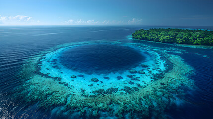 Obraz premium A stunning aerial view of a nature atoll with a ring of lush, green islands surrounding a clear blue lagoon, the sky clear and blue above