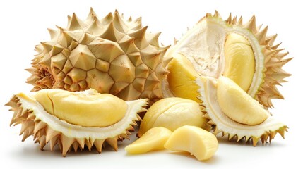 Obraz premium Detailed view of durian segments and flesh, isolated on a white background