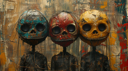 creepy dark surrealistic horror pop art, scary demonic puppets