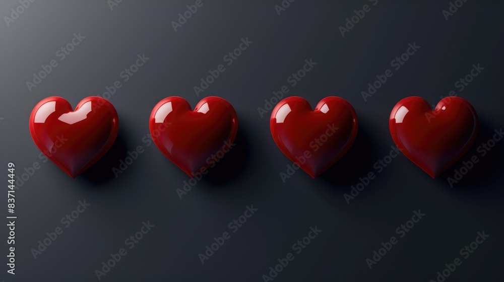 Poster four red hearts are arranged in a row on a black background. the hearts are all the same size and sh