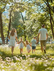 Fototapeta premium A family of four is walking through a park, with two young children in the middle of the group. The parents are holding hands with their children, creating a sense of togetherness and bonding