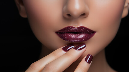Fototapeta premium Elegant Burgundy Lips and Nails Closeup