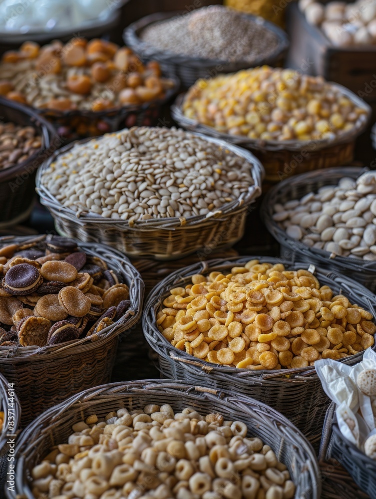 Aufkleber a basket of different types of nuts and grains. the basket is full of various types of nuts and grai