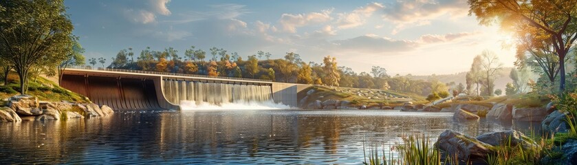 Naklejka premium Hightech visualization of an imposing dam integrated into a natural landscape, showcasing human ingenuity and environmental harmony