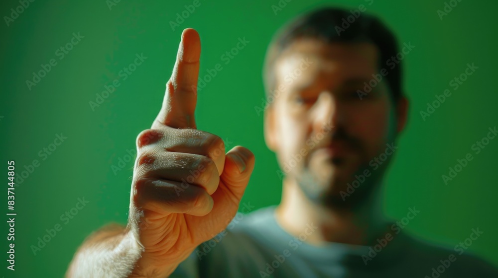 Poster a man is pointing at something with his finger. the image has a casual and relaxed mood, as the man 