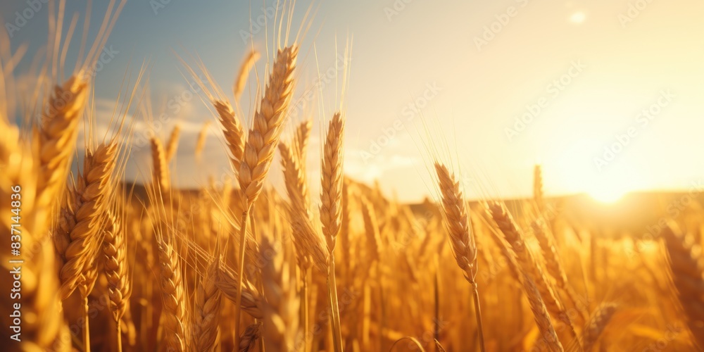 Aufkleber a field of golden wheat with the sun shining on it. the sun is setting in the background, creating a