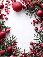 Winter holiday wreath featuring snow-covered red baubles and gold decorations in a frame.