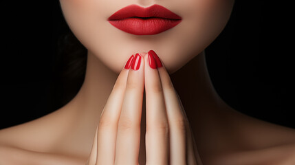 Fototapeta premium Sophisticated Woman with Red Lips and Nails Closeup Portrait