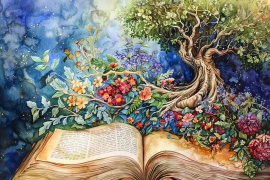An open book with blooming flowers and a tree growing from its pages, representing knowledge and growth.