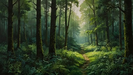 Obraz premium : A serene landscape painting using varying shades of green, evoking the tranquility of a lush forest ai_generated