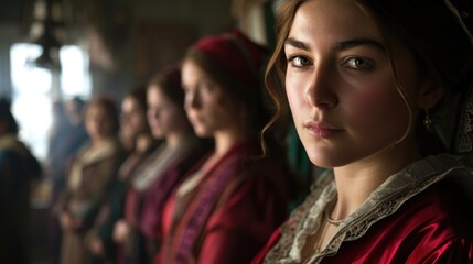 Obraz premium A group of women in red dresses stand in a line, with one woman in the center of the group