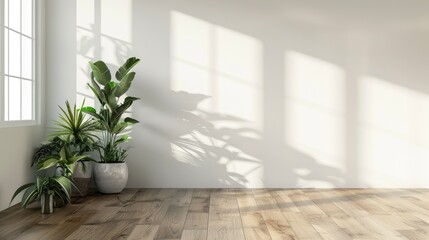 Fototapeta premium Minimalist Interior Design Featuring a Palm tree Plant and Sunlight Streaming Across a White Wall