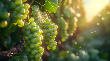 Sunlit Vineyard with Lush Green Grape Clusters and Leaves