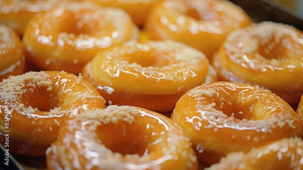 Poster a row of glazed doughnuts with a light brown glaze. the doughnuts are arranged in a row and are all 