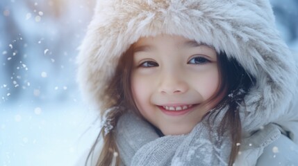 A young girl wearing a white hat and a white coat is smiling