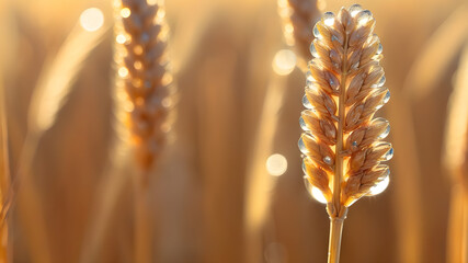 Fototapeta premium Dew drops on a gold ripe wheat ear close-up macro in sunlight . Wheat ear in droplets of dew in nature on a soft blurry golden background. Generative AI