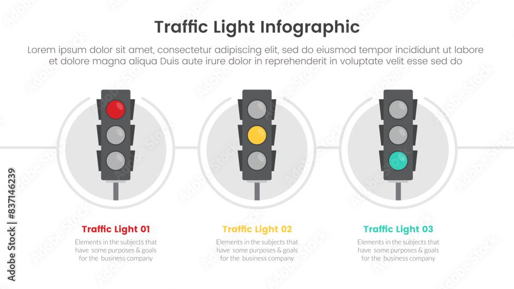 Poster traffic light infographic template banner with big circle background on horizontal direction with 3 