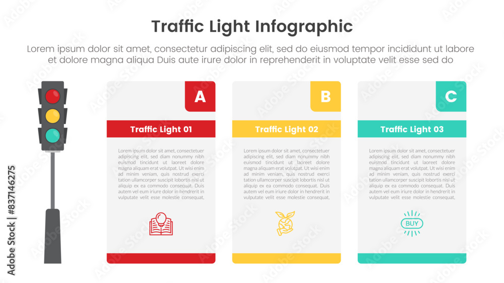 Poster traffic light infographic template banner with big box table container with 3 point list information