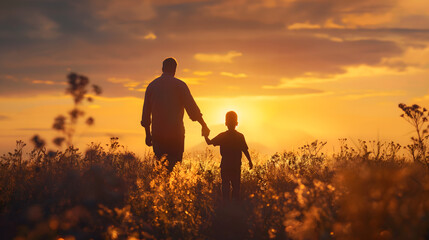 Silhouettes of Father and Children at Sunset in Field