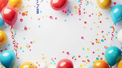 Vibrant party decorations with balloons and confetti on a white background