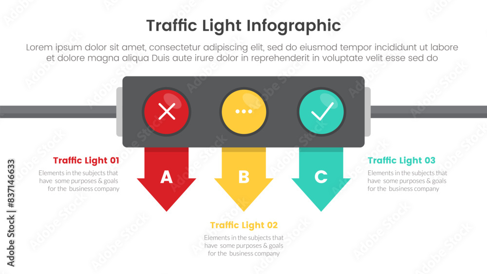 Poster traffic light infographic template banner with horizontal direction with arrow bottom direction with